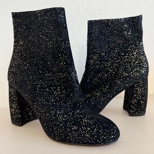 Nanette Lepore "Lilly" Black Suede Gold Sparkle Chunky Heel Ankle Booties Size 8